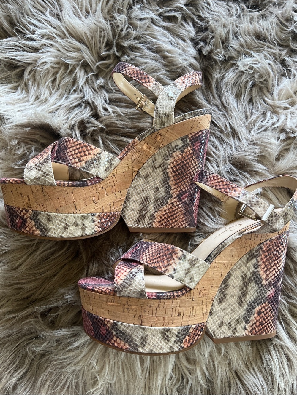 Jessica Simpson Jirie Mauve Combo Copper Snake Faux Leather Cork Wedge Sandals